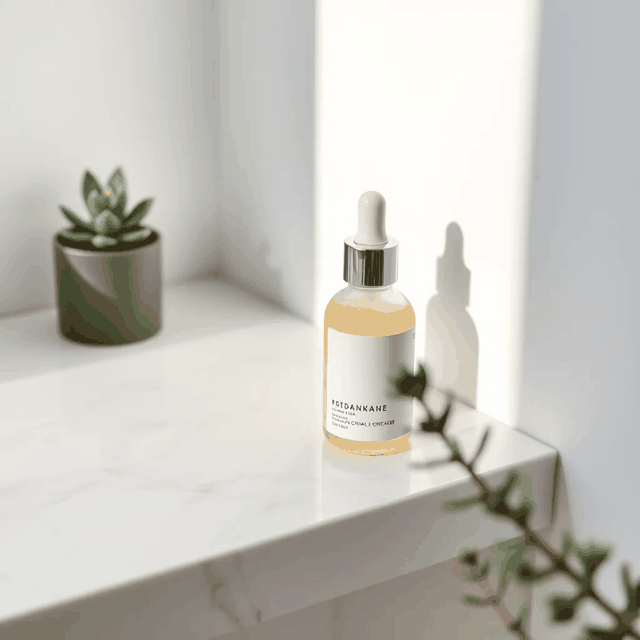 Remove Object demo: a small potted plant next to a skincare bottle is removed, leaving a clean marble surface behind