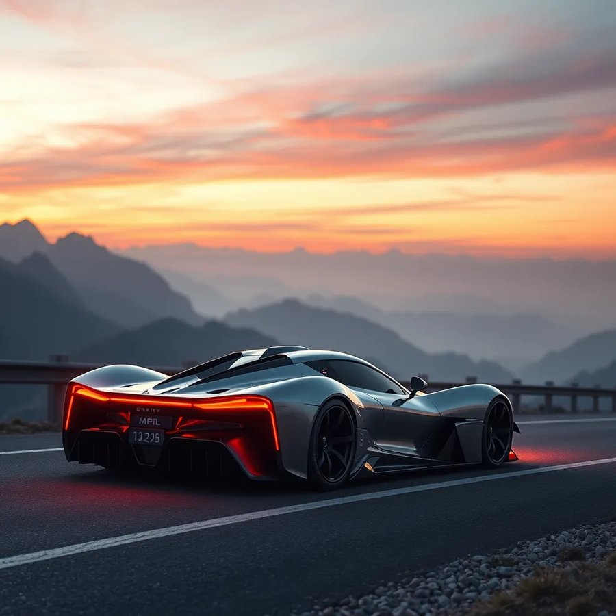 AI-generated: sports car on a mountain road at sunset