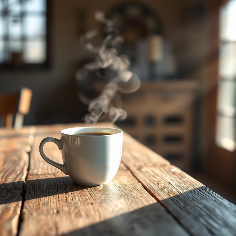 AI-generated: steaming coffee cup on a wooden table